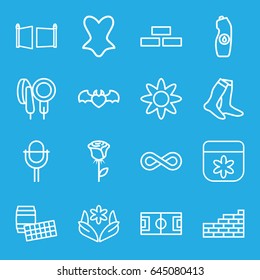 Pattern icons set. set of 16 pattern outline icons such as brick wall, flower, socks, corset, water bottle, devil heart with wings, microphone, eternity, gate, rose
