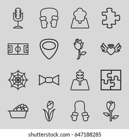 Pattern icons set. set of 16 pattern outline icons such as rose, puzzle, baby mitten, laundry, spider web, bow tie, mittens, heart angel wings, guitar mediator, microphone
