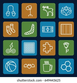 Pattern icons set. set of 16 pattern outline icons such as mug, moose, field, puzzle, beach ball, boomerang, baby mitten, flower, hair dryer, socks, devil heart with wings