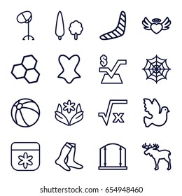 Pattern icons set. set of 16 pattern outline icons such as moose, beach ball, boomerang, gate, flower, hair dryer, spider web, socks, corset, mathematical square