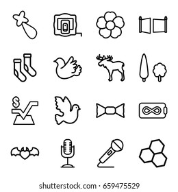 Pattern icons set. set of 16 pattern outline icons such as moose, measure tape, hair barrette, socks, bow tie, mathematical square, flower, devil heart with wings, bird