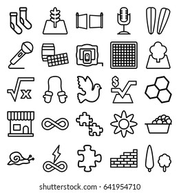 Pattern icons set. set of 25 pattern outline icons such as snail, measure tape, puzzle, baby mitten, beauty salon, hair barrette, laundry, socks, mathematical square