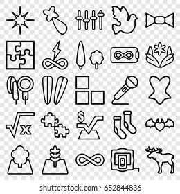 Pattern icons set. set of 25 pattern outline icons such as moose, brick wall, measure tape, flower, hair barrette, socks, corset, bow tie, mathematical square