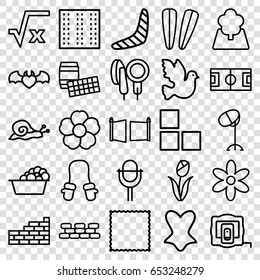 Pattern icons set. set of 25 pattern outline icons such as snail, field, brick wall, measure tape, boomerang, baby mitten, flower, hair barrette, hair dryer, carpet, laundry
