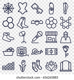 Pattern icons set. set of 25 pattern outline icons such as snail, measure tape, beauty salon, gate, flower, hair dryer, laundry, spider web, socks, tights, corset