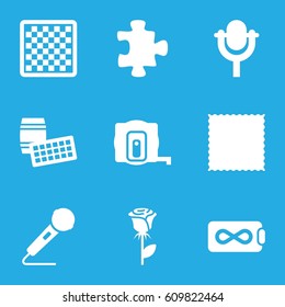 Pattern icons set. set of 9 pattern filled icons such as measure tape, puzzle, carpet, rose, microphone, endless battery, chess board
