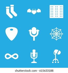 Pattern icons set. set of 9 pattern filled icons such as field, hair dryer, spider web, socks, devil heart with wings, microphone, guitar mediator