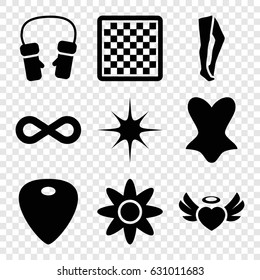 Pattern icons set. set of 9 pattern filled icons such as tights, corset, mittens, heart angel wings, star, guitar mediator, eternity, flower