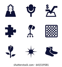 Pattern icons set. set of 9 pattern filled icons such as rose, puzzle, hair dryer, socks, mathematical square, star, microphone, tree