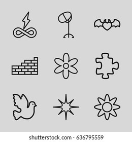 Pattern icons set. set of 9 pattern outline icons such as puzzle, flower, hair dryer, devil heart with wings, star, brick wall, endless battery