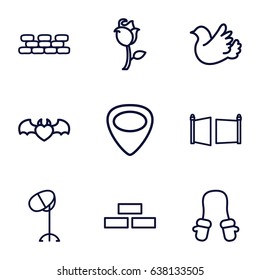 Pattern icons set. set of 9 pattern outline icons such as brick wall, baby mitten, hair dryer, devil heart with wings, bird, rose, guitar mediator