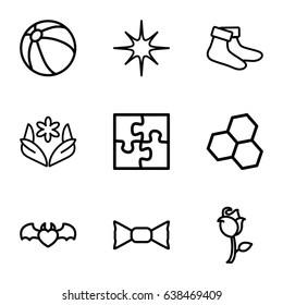 Pattern icons set. set of 9 pattern outline icons such as beach ball, flower, socks, bow tie, devil heart with wings, rose, star, puzzle