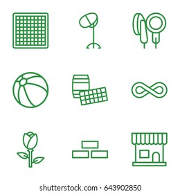 Pattern icons set. set of 9 pattern outline icons such as rose, brick wall, beach ball, beauty salon, hair dryer, microphone, eternity, chess board
