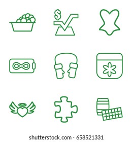 Pattern icons set. set of 9 pattern outline icons such as puzzle, flower, laundry, corset, mittens, mathematical square, heart angel wings, endless battery