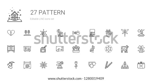 pattern icons set.\
Collection of pattern with decorative, puzzle, rose, indian tent,\
spider web, sewing box, saxophone, modeling, wooden. Editable and\
scalable pattern\
icons.