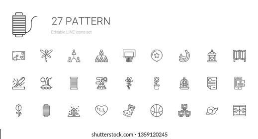 pattern icons set. Collection of pattern with network, basketball, sock, broken heart, snowing, thread, rose, bird cage, flower, indian tent. Editable and scalable pattern icons.