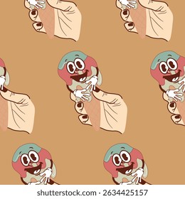 pattern with icons of a smiling anthropomorphic ice cream in a waffle cone flowing down a hand on a brown background, retro, vintage style