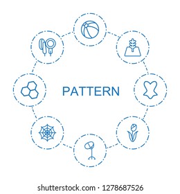 pattern icons. Trendy 8 pattern icons. Contain icons such as beach ball, hair dryer, tree, microphone, flower, spider web, chemical structure. pattern icon for web and mobile.