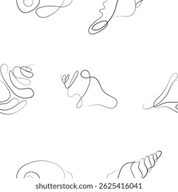 pattern of icons of various shells, mollusks and shells drawn with several lines in line art style, for various marine designs and company logos