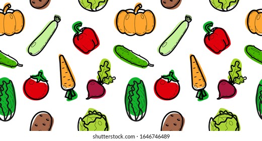 Pattern of icons of various vegetables in a flat linear style. Bright colored vegetables on a white background.