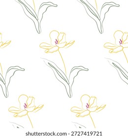 Patrón con iconos de un tulipán abierto amarillo con un tallo verde y hojas en ambos lados en estilo de línea de arte, para la marca y la identidad