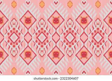 The pattern is ikat, contemporary, and kawaii concept. It's have geometry pattern  with pink color and center of kawaii cat. Begin to contemporary ikat and kawaii ikat. pattern make for industry.
