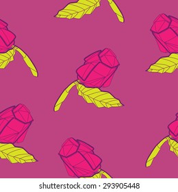 Pattern with illustration of abstract origami red rose flower. Origami abstract background and floral decor