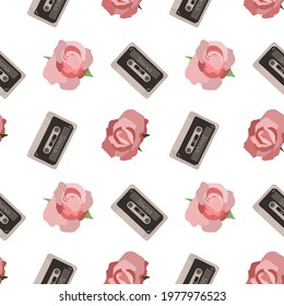 pattern Illustration of audio cassette with rose flowers. Old technologies, realistic retro design, vector drawing.