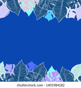 Pattern illustration of azure, blue, green leaves of palm trees and monsteras on a dark blue background