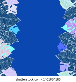 Pattern illustration of azure, blue, green leaves of palm trees and monsteras on a dark blue background