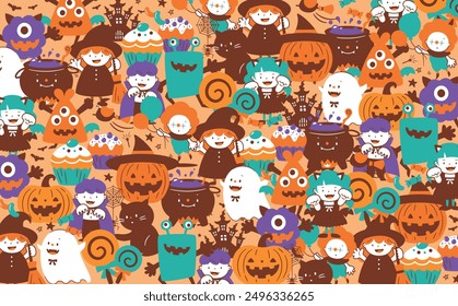 Pattern illustration background of children in cute costumes, pumpkins, monsters, etc. with hand-drawn Halloween night patterns and designs.