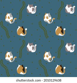 Pattern with illustration of the backs of spotted cats and lush tails