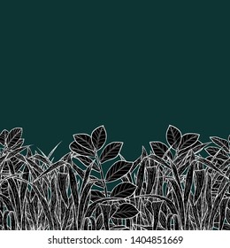 Pattern illustration of black leaves and grass on a dark green background