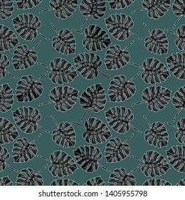 Pattern illustration of black monstera leaves and palm trees on a dark turquoise background