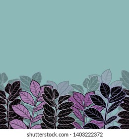 Pattern illustration of black and purple tropical leaves on a turquoise background