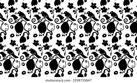 Pattern illustration of black silhouette of bird and flower.