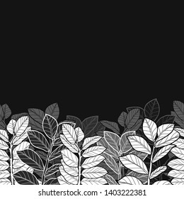 Pattern illustration of black and white leaves on a dark background