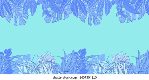 Pattern illustration of blue and bright blue tropical leaves, monstera leaves, palm leaves and grass on a bright turquoise background