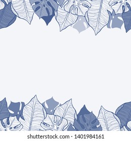 Pattern illustration of blue leaves of palm trees and monstera on a white background