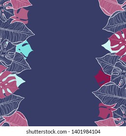Pattern illustration of blue, red, dark blue leaves of palm trees and monsteras on a gray-blue background