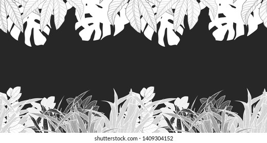Pattern illustration of bright gray, white and dark gray tropical leaves, monstera leaves, palm leaves and grass on a black background