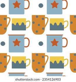 Pattern illustration ,bright tea in retro style flat cups for coffee, tea and other drinks.