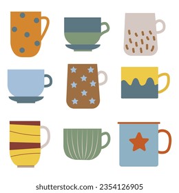 Pattern illustration ,bright tea in retro style flat cups for coffee, tea and other drinks.