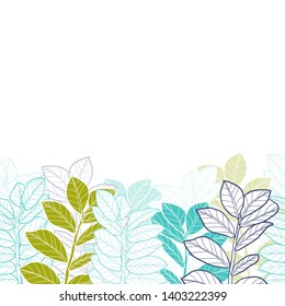 Pattern illustration of bright, yellow, blue and white tropical leaves on a light background