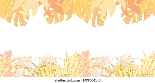 Pattern illustration of bright yellow tropical leaves, monstera leaves, palm leaves and grass on a light white background