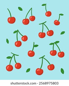 Pattern illustration with cherries and leaves on a blue background