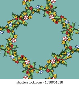 Pattern illustration of a Christmas wreath with bells, New Year's sweets and mistletoe