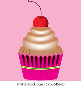 Pattern and illustration of a cupcake for children's clothing, interior design, wallpaper, tiles, notepad, clothing stickers. Sweets, food, cake, yummy