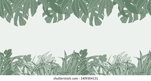 Pattern illustration of dark green tropical leaves, monstera leaves, palm leaves and grass on a light green background