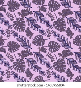 Pattern illustration of dark purple tropical leaves of Monstera and palm trees on a bright purple background